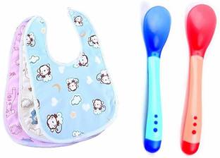 Raunix 2 Baby Feeding Bibs with 2 Silicone Spoon | Baby Apron | BPA Free Feeding Spoon