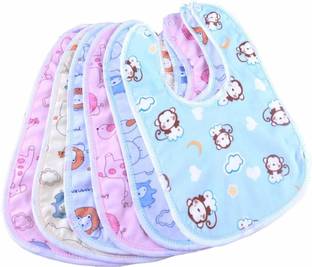 Kidsify Baby Button Bibs Apron for Feeding and Drooling Cute Animated Print with Tich Button Double Layered Waterproof (Pack of 6)