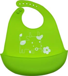 SYGA BabyCartoon Printing Waterproof Silicone Bib Rice Pocket_Green