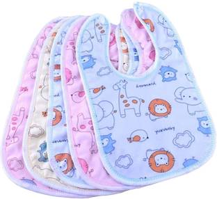 Kidsify Baby Button Bibs Apron for Feeding and Drooling Cute Animated Print with Tich Button Double Layered Waterproof (Pack of 5)