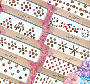 Quarya 10 Bindi Big Pattas Flaps plus 5 Satin Hair Scrunchy Women Girls Multicolor Bindis