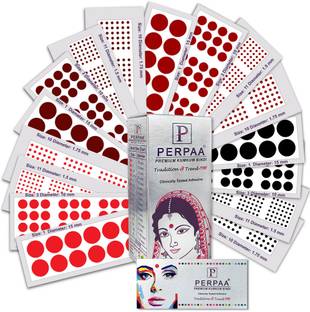 Perpaa Premium Velvet Sticker Kumkum Bindi Box of 16 Flaps Different Size & Color Bindi for Women,Ladies (Size -10-1.75mm, 11-1.5mm, 01-15m, 03-10mm) Multicolor Bindis