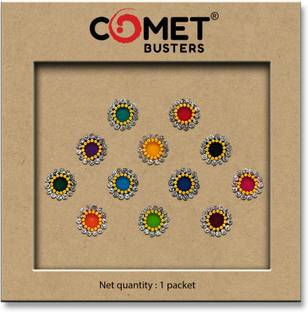 Comet Busters Multicolor Round Velvet Bindi With Silver Stone Border (8mm) (BIN1646) Forehead Multicolor Bindis