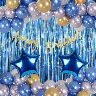 PARTY BREEZE blue golden silver happy birthday theme decoration kit combo with Banner, Balloons, star foil 41pcs for Birthday Decoration Boys, Kids, Girl, Husband, Wife, Girl Friend, Adult.