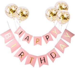 PARTY MIDLINKERZ Balloons(5 Pcs) with Pre-Filled Confetti and Happy Birthday Banner Combo Set (Golden & Pink) Happy Birthday Banner/Birthday Set/Decoration Banner/Balloons (Pack of 6)