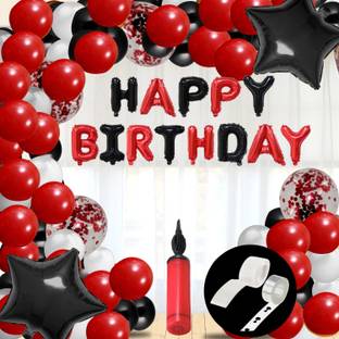 PARTY MIDLINKERZ Solid Happy Birthday Balloons Decoration Kit 41 Pcs, 1 set of RedBlack 13Pcs "Happy Birthday" alphabet foil birthday banner and 30pcs HD Metallic Balloons(Black & Red) and 2Pcs Heart Balloon(Black) with 5 Pcs Red Confetti Balloon & 1Pc Balloon Pump, 1Pc Glue Dot, 1Pc Arch with 1Pc free Ribbon for Happy Birthday Balloons Decorations Items, with Helium Letters Foil Balloon Banner, Latex Metallic Balloons (Multicolor, Pack of 41)