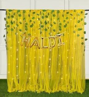 Fun and Flex YELLOW NET BACKDROP HALDI DECORATION KIT With Artificial Leaves and Led Light