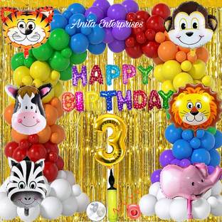 ANILOONS Delectable Jungle Safari Theme Decoration Kit For 3YR Happy Birthday Celebration