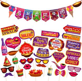 ZYOZI 31 Pieces Happy Diwali Party Photo Booth Props and Banner for Photoshoot Diwali