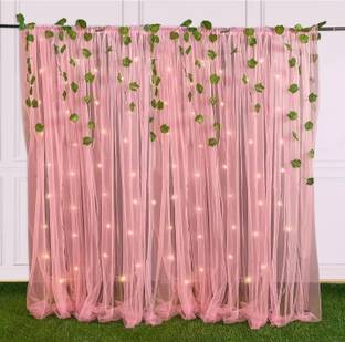 FLIPZONE Pink Net Curtains Backdrop Decoration with Led Lights and Green Leaf Vines