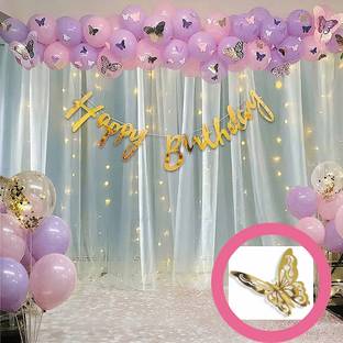 FOOGAA Birthday Decorations Pack of baby Pink Purple Balloons with 3D Butterfly Net LED