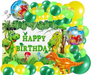 FLICK IN 60 pc Dinosaur Theme Backdrop Cloth (6.5ft X 5ft) Forest Dino Theme Foil Balloon