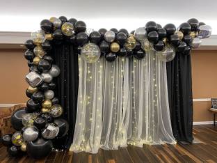 Fun and Flex Black, Gold and Silver decoration Kit Combo with White Net Curtain and led Light