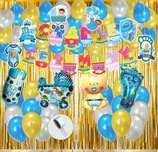 Agk Cradle Ceremony Decoration Item For Baby Boy, Bunting Banner, Balloon & Curtain