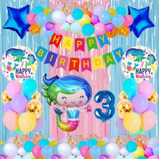 Crazykart 3rd Third Three Happy Birthday Baby Mermaid Combo Kit For Party Decoration Item