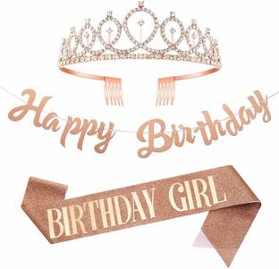 Party Propz Birthday Decorations Kit - Rose Gold Happy Birthday Banner Sash & Rhinestone Tiara Kit 3Pcs - Rose Gold Birthday Crown And Sash / Birthday Gifts Glitter Birthday Sash Birthday Favors Girls 13th, 18th, 21st Decoration / Birthday Tiara For Baby Girl