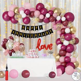 ANILOONS Florid Anniversary Decoration Kit -Burgundy White & Pink Pastel For Celebration