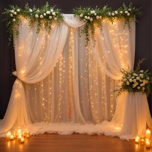 shimmers White Net Curtain with LED Light for Backdrop, Canopy, Wedding or Ganpati Decor