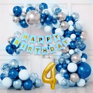 KR 4th/Fourth Happy Birthday Decoration with Blue Silver White Confetti Balloon Arc