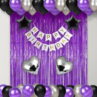 1iAM Birthday decoration combo with Black-Silver-Purple balloons and White banner