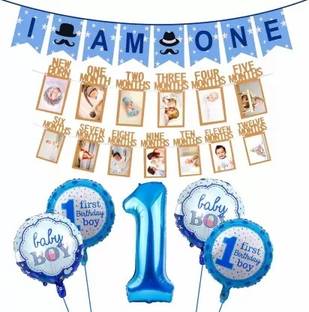 Shmaya Blue 1st Birthday Decoration for Baby Boy Kit I Am One Banner-pack of 7