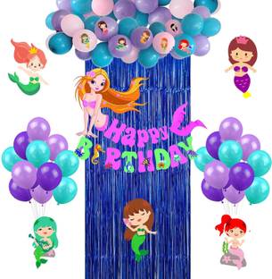 Party Propz Mermaid Theme Birthday Decoration Supplies Giant Mermaid Bunting Foil Curtain Girl Birthday Latex Metallic Balloons Set of 54-Multicolor