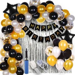 PARTY MIDLINKERZ Solid Happy Birthday decoration Kit items with Silver Curtain and Balloon Pump Balloon