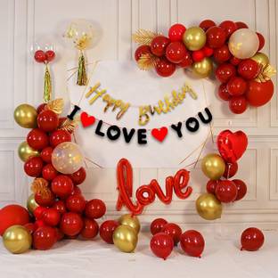 PARTY MIDLINKERZ Solid Red Love Happy Birthday Decoration, 1st Birthday - 45 Pcs for Husband/wife Balloon