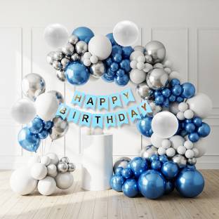 1iAM Birthday decoration combo with Blue-White-Silver balloons and HBD banner