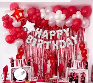 FOOGAA Happy Birthday Decoration Set with Silver Foil Balloons & Red White balloon