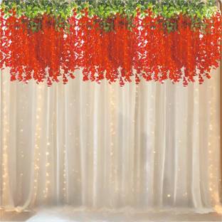 Fun and Flex Haldi Mehendi Decoration Kit Red Wisteria Flowers with White net and Led Light
