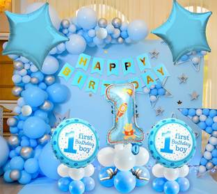 Aoes First Birthday Foil Balloon Decoration Combo For Boys Blue Banner Arch Glue Dot