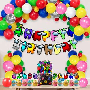 ZYOZI Among Us Birthday Banner, Cake Topper, Cupcake Toppers And Multicolor Balloons