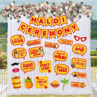 ZYOZI Haldi Ceremony Decoration Kit- Banner, Photo Booth & Net Curtains (Pack of 23)