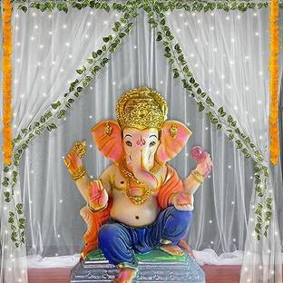 Fun and Flex Ganpati Pooja Decoration items Backdrop with White Net Curtain and Led Light