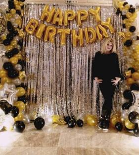 Juneja Enterprises Gold Happy Birthday Foil Balloon With 2 Silver Fringe Curtains