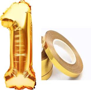 PARTY MIDLINKERZ Solid Golden '1' number Numerical Foil Balloon with Ribbon for Celebration (Gold, Pack of 2)