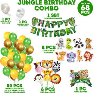 ZYOZI Jungle Safari Birthday Decoration Kids-Bunting Banner with Balloons (Pack of 68)