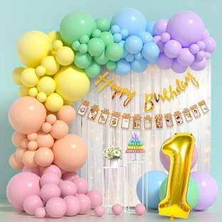 PARTY MIDLINKERZ Multi color First Birthday Decoration Kit with White Net Curtain and Led Light