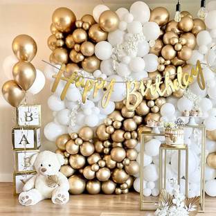 R G ACCESSORIES White Gold Balloons, Cursive Happy Birthday Decoration Kit With Arch Pack Of 50
