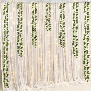 Fun and Flex White Backdrop Net With Artificial Leaves and Light for Wall Decoration