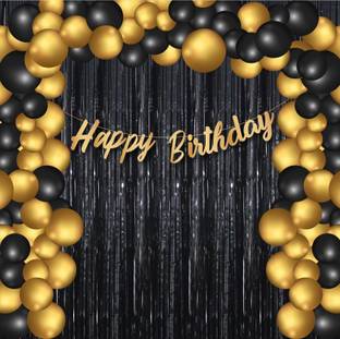 R G ACCESSORIES Black Golden Balloons, Happy Birthday Cursive Banner Decoration Kit (Pack Of 33)