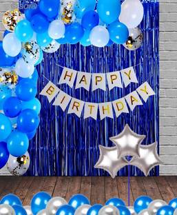 SOI 41 Pcs Happy Birthday Banner and HD Metallic Confetti Balloons with Foil Star and Curtains Decoration Kit Set Decorations Items Combo for Boys (Blue) (White)