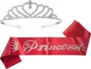 KUMAR & SONS Princess Birthday Girl Sash and crown Tiara I Dark Red Sash I Diamond Ring Crown