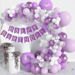 1iAM Birthday decoration combo with Purple,White,Golden,Silver balloons and banner