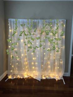 Fun and Flex White net Curtain Cloth Backdrop Combo with Green Leaves for Wall Decorations