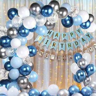 PARTY MIDLINKERZ Solid Boys Blue Birthday Kit with White Net Curtain Cloth & LED Lights 54 Pcs Combo Balloon
