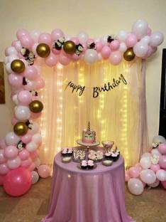 Fun and Flex Birthday Decorations for girls with white net Curtain and Fairy Lights - 74 Pcs