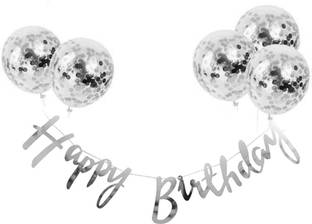 Rozi Decoration Happy Birthday Banner & Silver Pre-filled Confetti Balloons Combo Birthday Party Decoration Kit