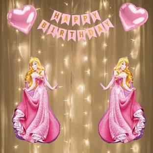 FLICK IN Latex 18 pcs Happy Birthday Princess Decoration Baby Girl Combo Kids Room Decoration Items Banner Heart Foil Balloon Led Light Decor Birthday Decoration Items for Girl (Pack of 18, Pink)